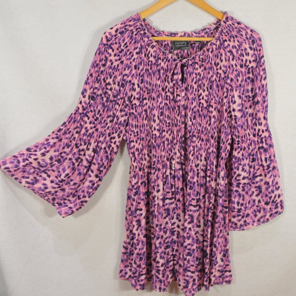 Share Ninety Women's Blouse 3X Pink Leopard Accordion Pleated Bell Sleeve Top